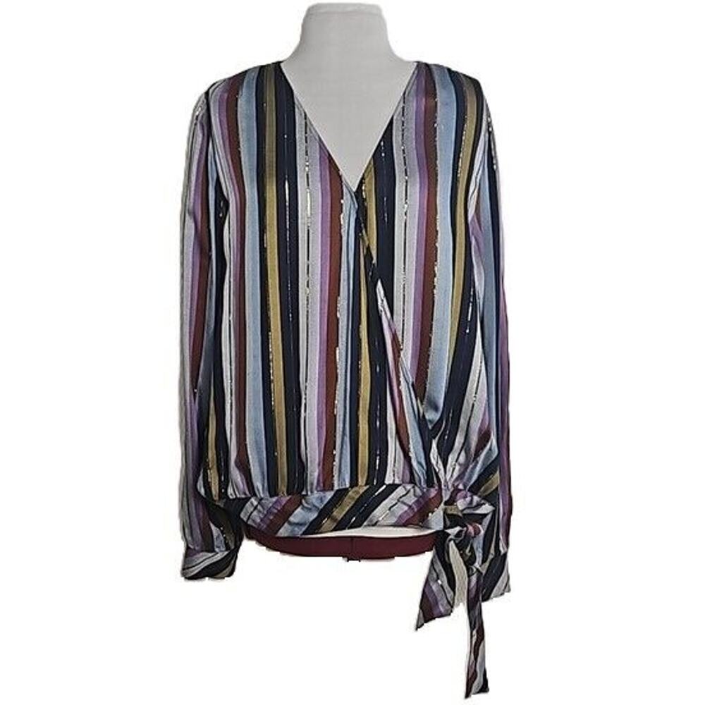 ANA Womens XL Striped V-neck Top Long Sleeve Faux Wrap Multi-color Jewel Tones
